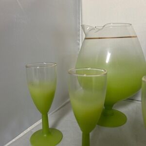 Rare BLENDO Lime Green Brandy Snifter Pitcher and 6 glass flutes